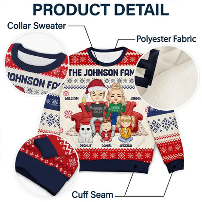 Chibi Couple With Kids And Pets - Personalized Unisex Ugly Sweater