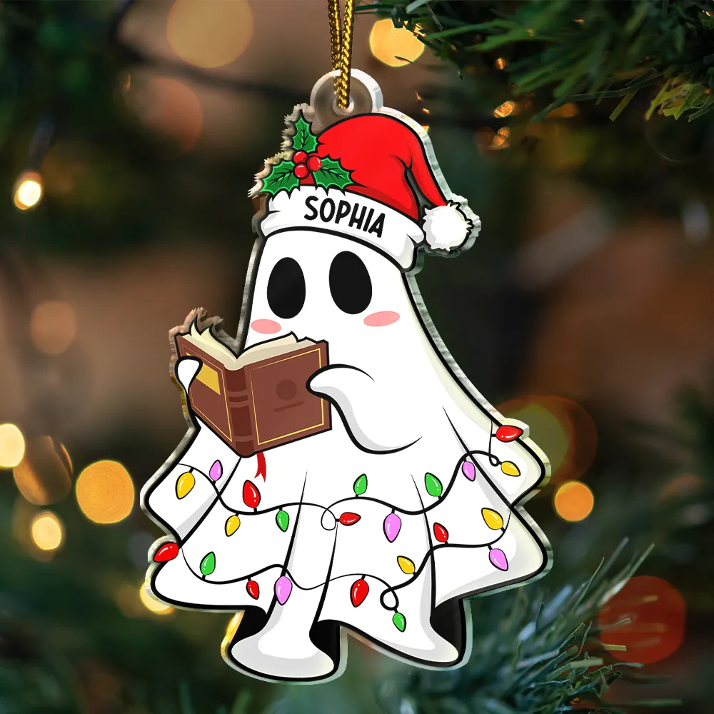 Colorful Light Christmas Ghost Love Reading Book - Personalized Custom Shaped Acrylic Ornament