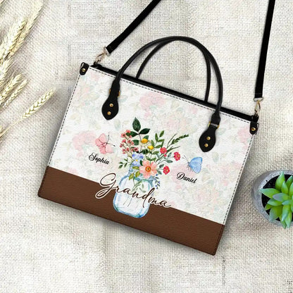 Grandma Jar Of Flowers And Butterfly Grandkids - Personalized Leather Bag