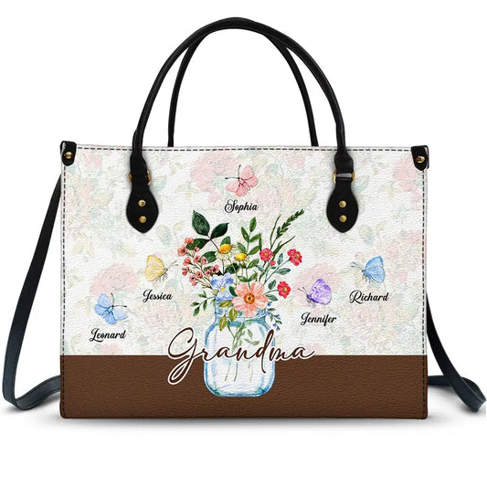 Grandma Jar Of Flowers And Butterfly Grandkids - Personalized Leather Bag