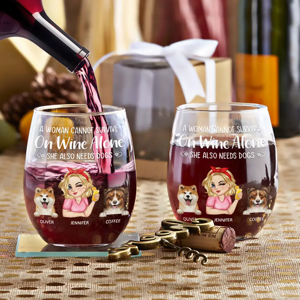 A Woman Cannot Survive On Wine Alone Dog Moms - Personalized Stemless Wine Glass