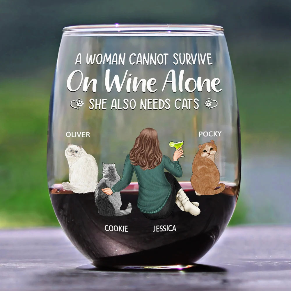 A Woman Cannot Survive On Wine Alone Cat Mom - Personalized Stemless Wine Glass