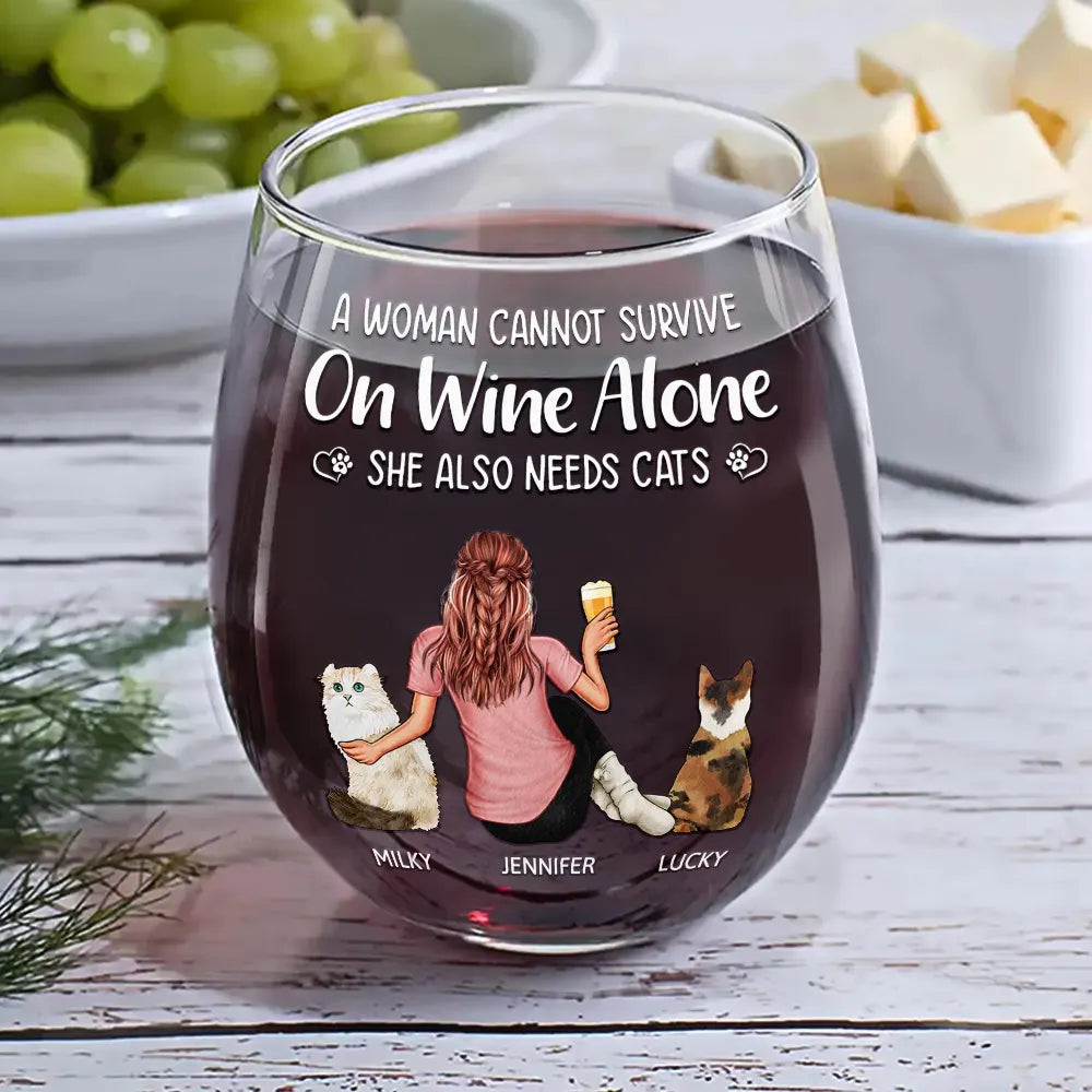 A Woman Cannot Survive On Wine Alone Cat Mom - Personalized Stemless Wine Glass