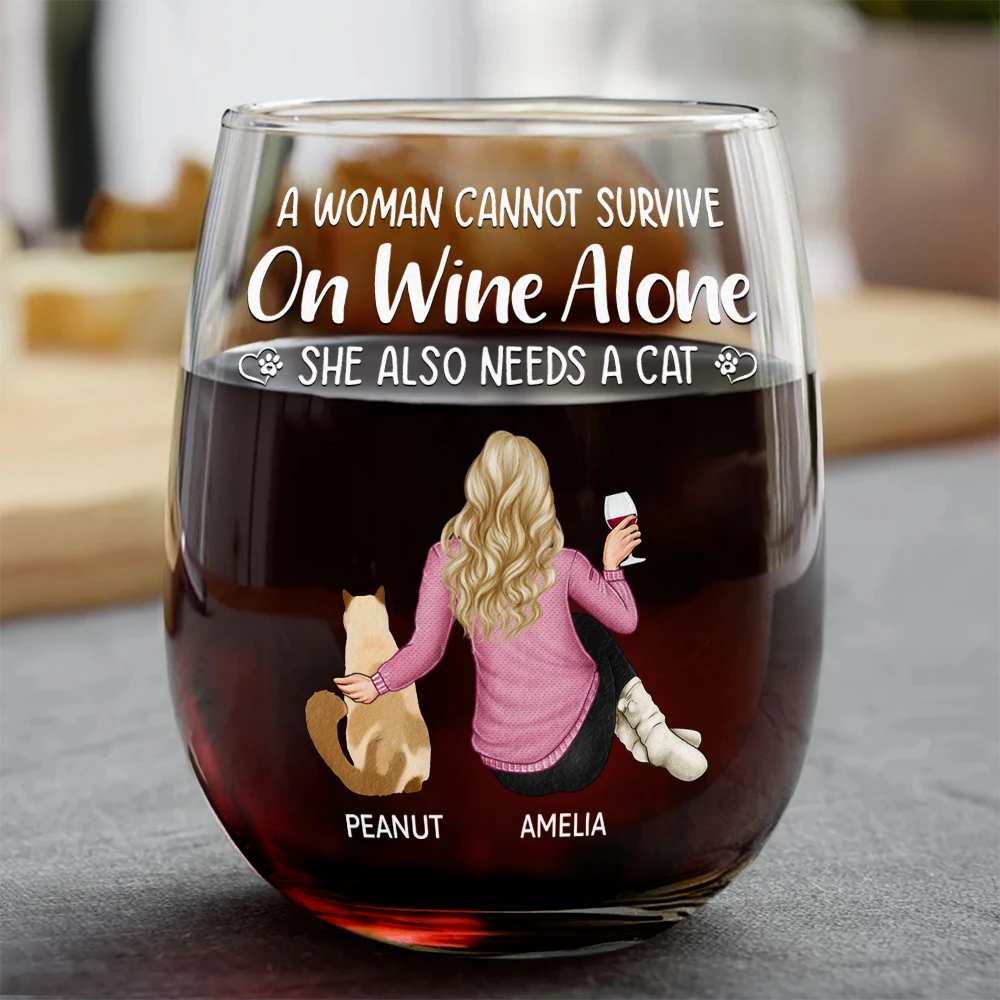 A Woman Cannot Survive On Wine Alone Cat Mom - Personalized Stemless Wine Glass