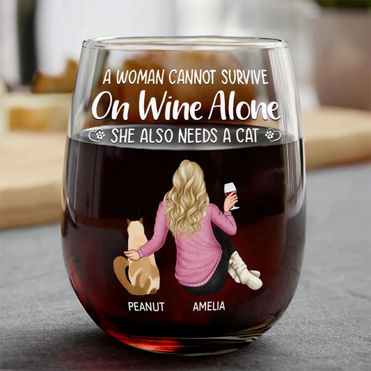 A Woman Cannot Survive On Wine Alone Cat Mom - Personalized Stemless Wine Glass