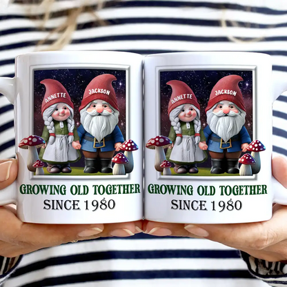 Gnome Couple Growing Old Together Since 3D Effect Printed - Personalized White Edge-to-Edge Mug