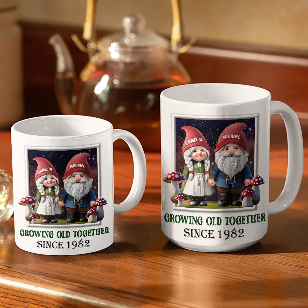 Gnome Couple Growing Old Together Since 3D Effect Printed - Personalized White Edge-to-Edge Mug