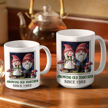 Gnome Couple Growing Old Together Since 3D Effect Printed - Personalized White Edge-to-Edge Mug