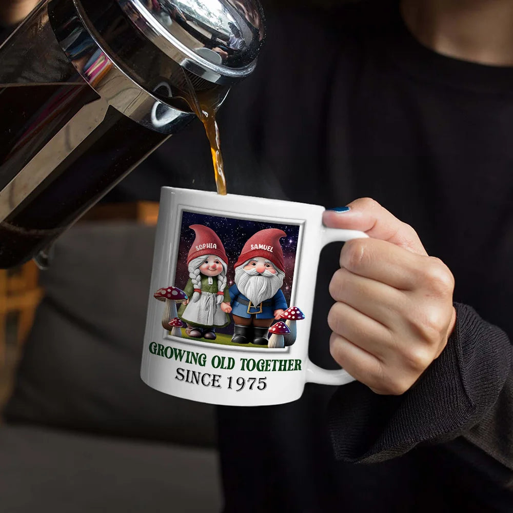 Gnome Couple Growing Old Together Since 3D Effect Printed - Personalized White Edge-to-Edge Mug