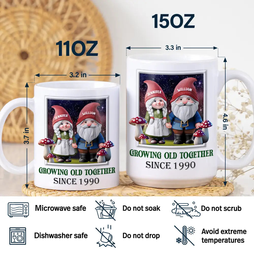 Gnome Couple Growing Old Together Since 3D Effect Printed - Personalized White Edge-to-Edge Mug