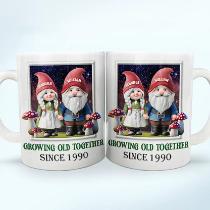 Gnome Couple Growing Old Together Since 3D Effect Printed - Personalized White Edge-to-Edge Mug