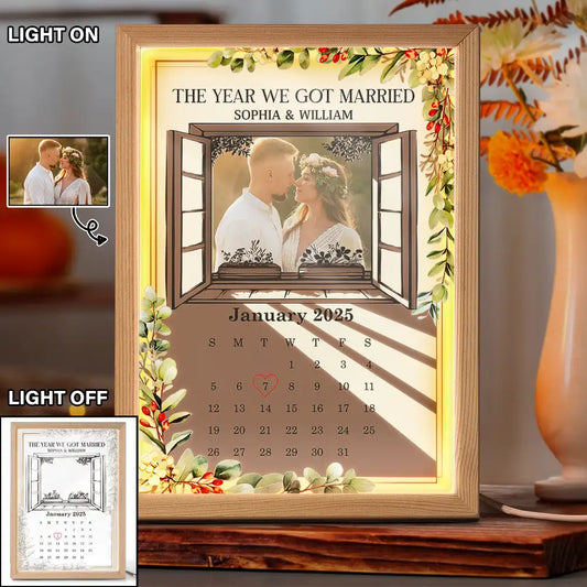 Custom Photo Pencil Drawing Couple The Year We Got Married Light Painting - Personalized Light Up Picture Frame