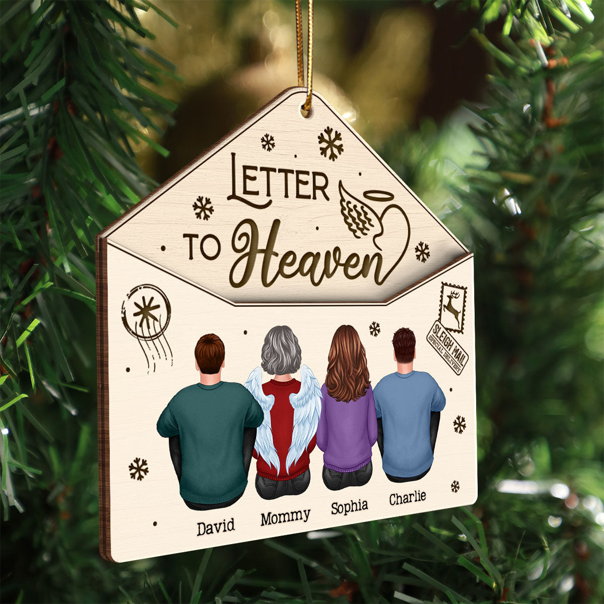 Letter To Heaven Family Sitting Memorial Personalized 3-Layer Wooden Ornament