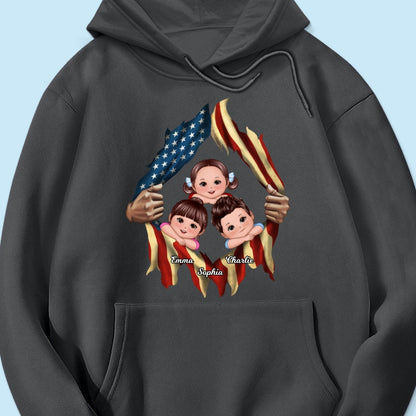 Dad Grandpa Cute Kids Hands Ripping Open Nation Flag Personalized Shirt