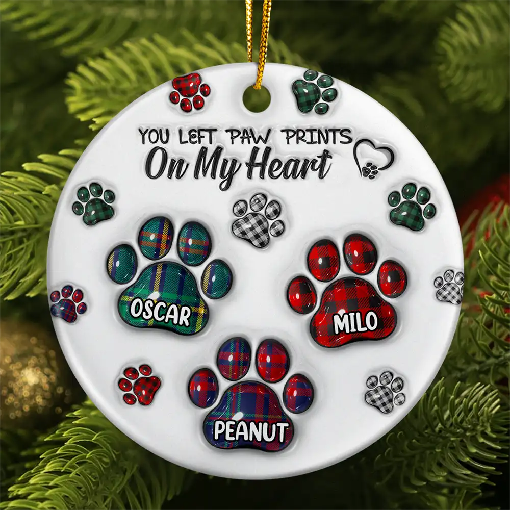 Memorial Dog Cat You Left Paw Prints On My Heart - 3D Inflated Effect Printed Ornament, Personalized Circle Ceramic Ornament