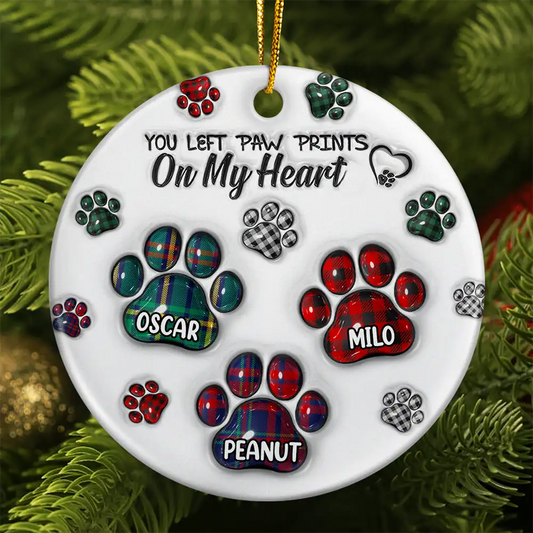 Memorial Dog Cat You Left Paw Prints On My Heart - 3D Inflated Effect Printed Ornament, Personalized Circle Ceramic Ornament