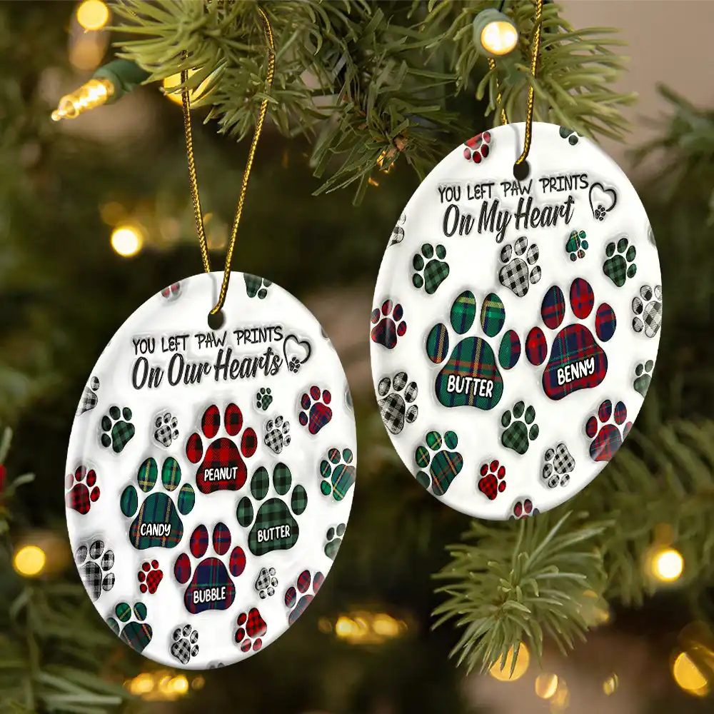 Memorial Dog Cat You Left Paw Prints On My Heart - 3D Inflated Effect Printed Ornament, Personalized Circle Acrylic Ornament