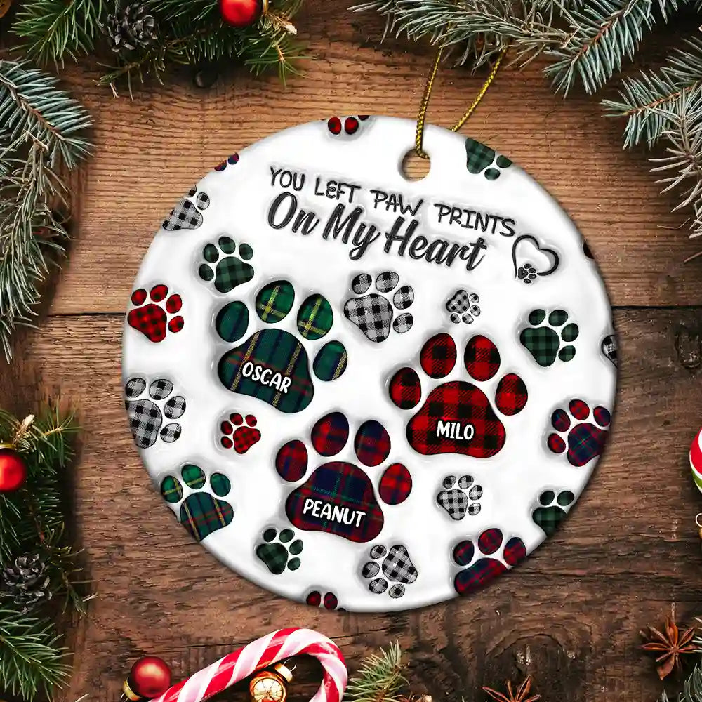 Memorial Dog Cat You Left Paw Prints On My Heart - 3D Inflated Effect Printed Ornament, Personalized Circle Acrylic Ornament