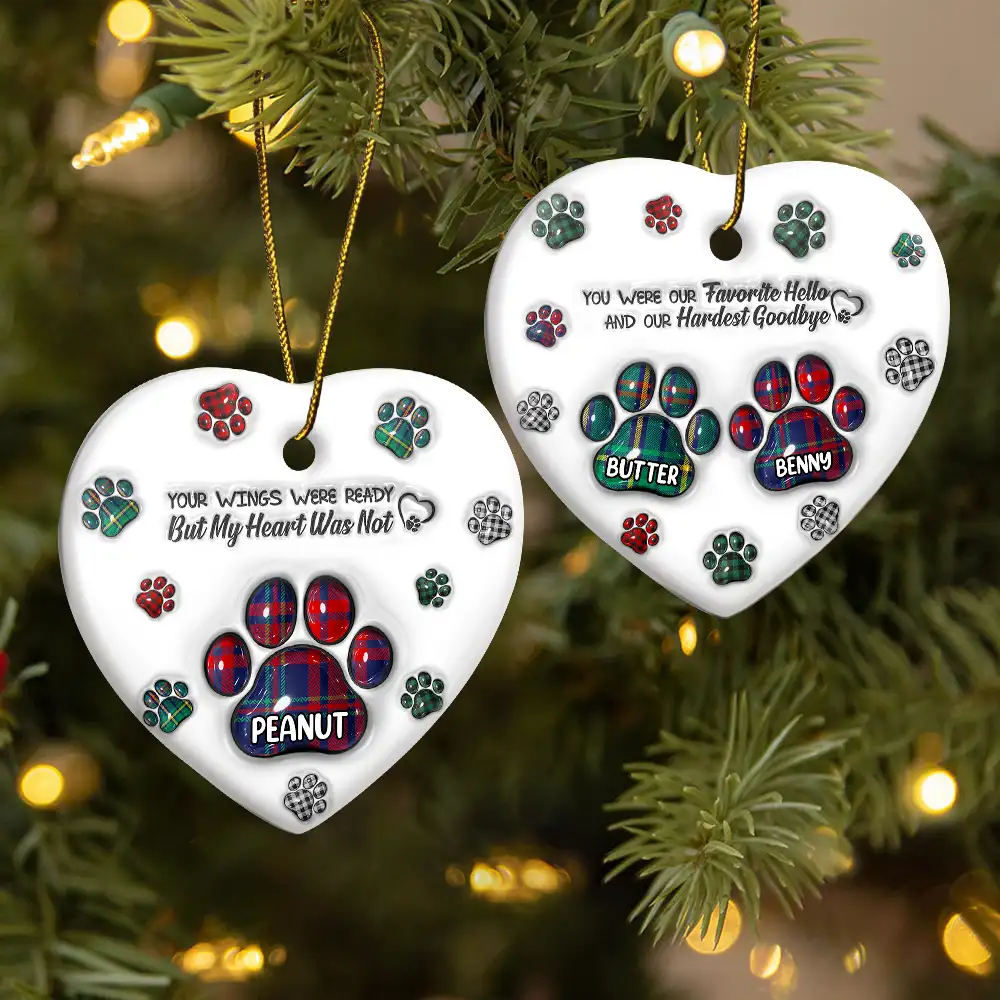 Memorial Dog Cat You Left Paw Prints On My Heart - 3D Inflated Effect Printed Ornament, Personalized Heart Ceramic Ornament