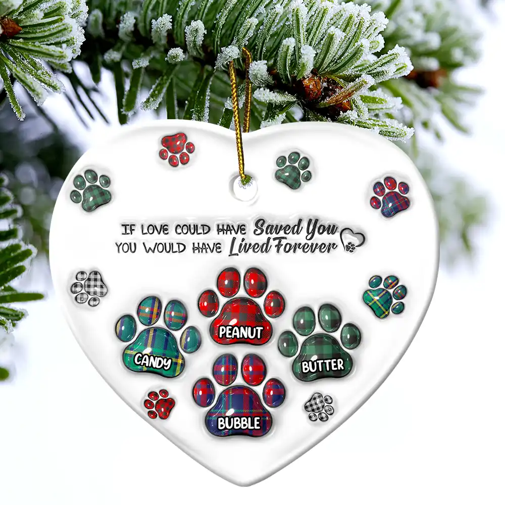Memorial Dog Cat You Left Paw Prints On My Heart - 3D Inflated Effect Printed Ornament, Personalized Heart Ceramic Ornament