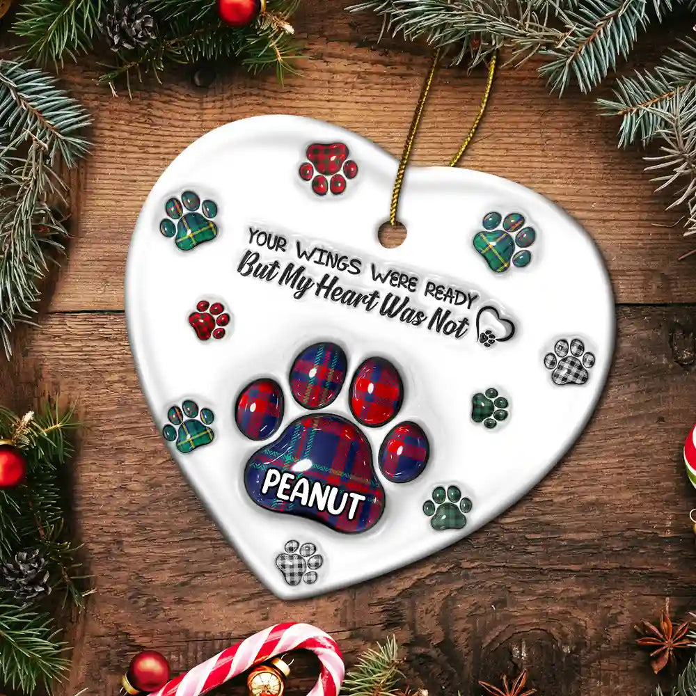 Memorial Dog Cat You Left Paw Prints On My Heart - 3D Inflated Effect Printed Ornament, Personalized Heart Ceramic Ornament
