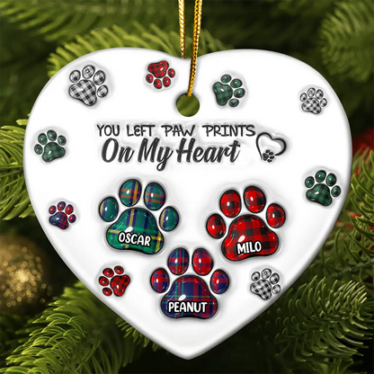 Memorial Dog Cat You Left Paw Prints On My Heart - 3D Inflated Effect Printed Ornament, Personalized Heart Ceramic Ornament