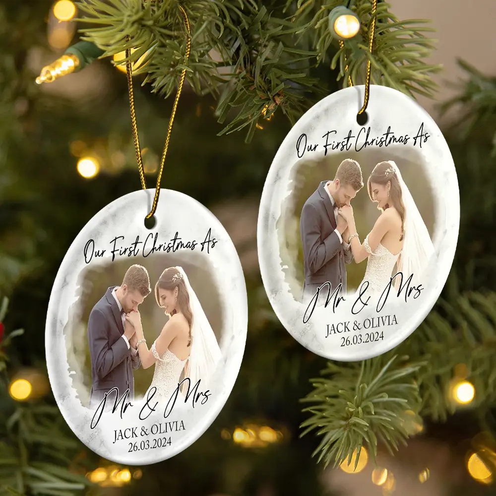 Custom Photo First Christmas As Mr & Mrs Couples - Personalized Circle Acrylic Ornament