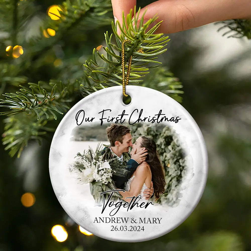 Custom Photo First Christmas As Mr & Mrs Couples - Personalized Circle Acrylic Ornament