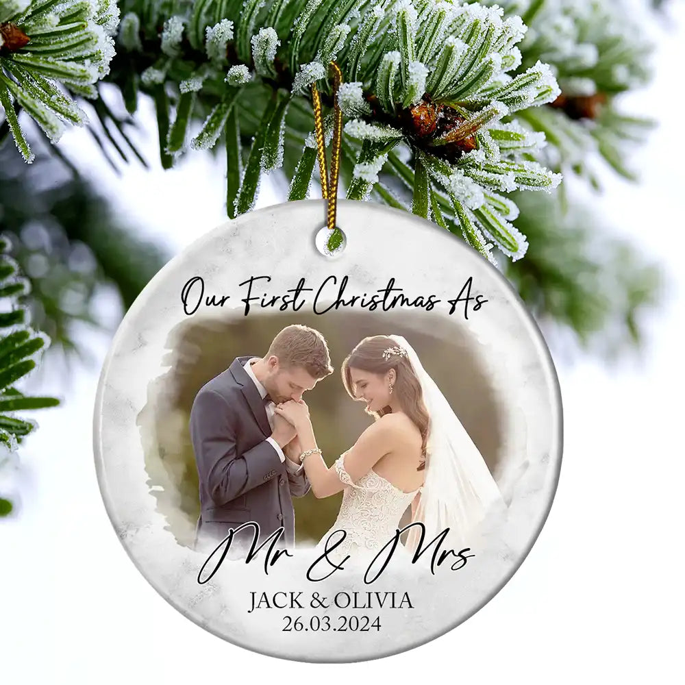 Custom Photo First Christmas As Mr & Mrs Couples - Personalized Circle Acrylic Ornament