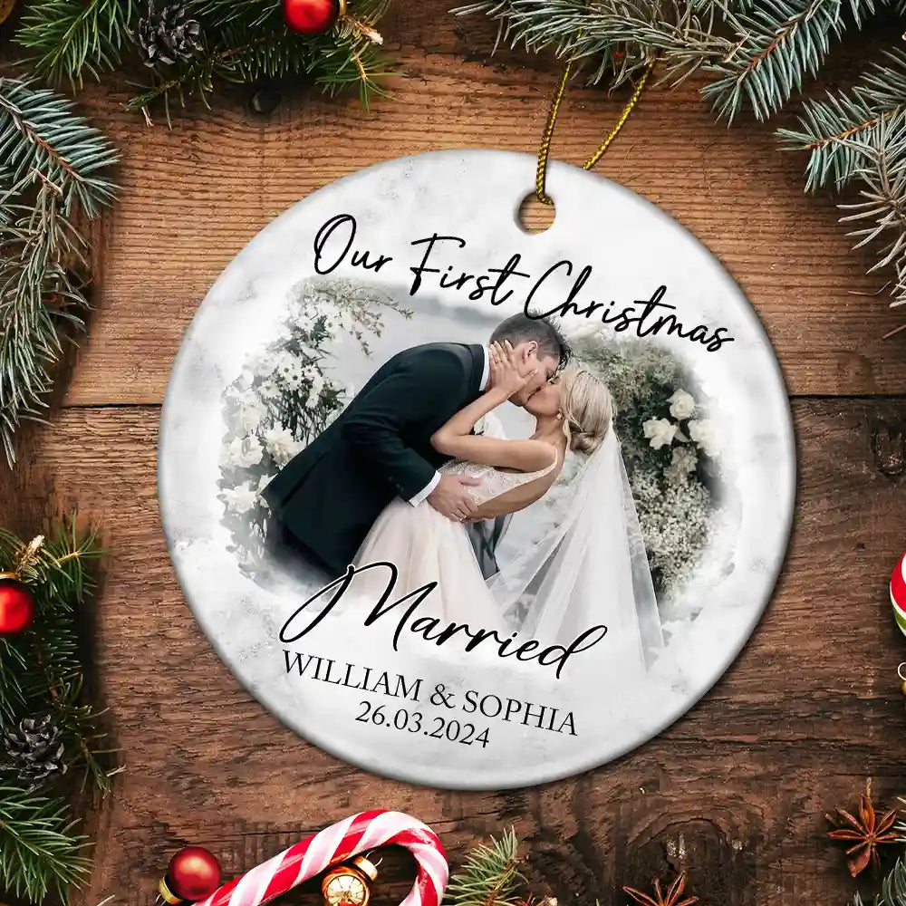 Custom Photo First Christmas As Mr & Mrs Couples - Personalized Circle Acrylic Ornament