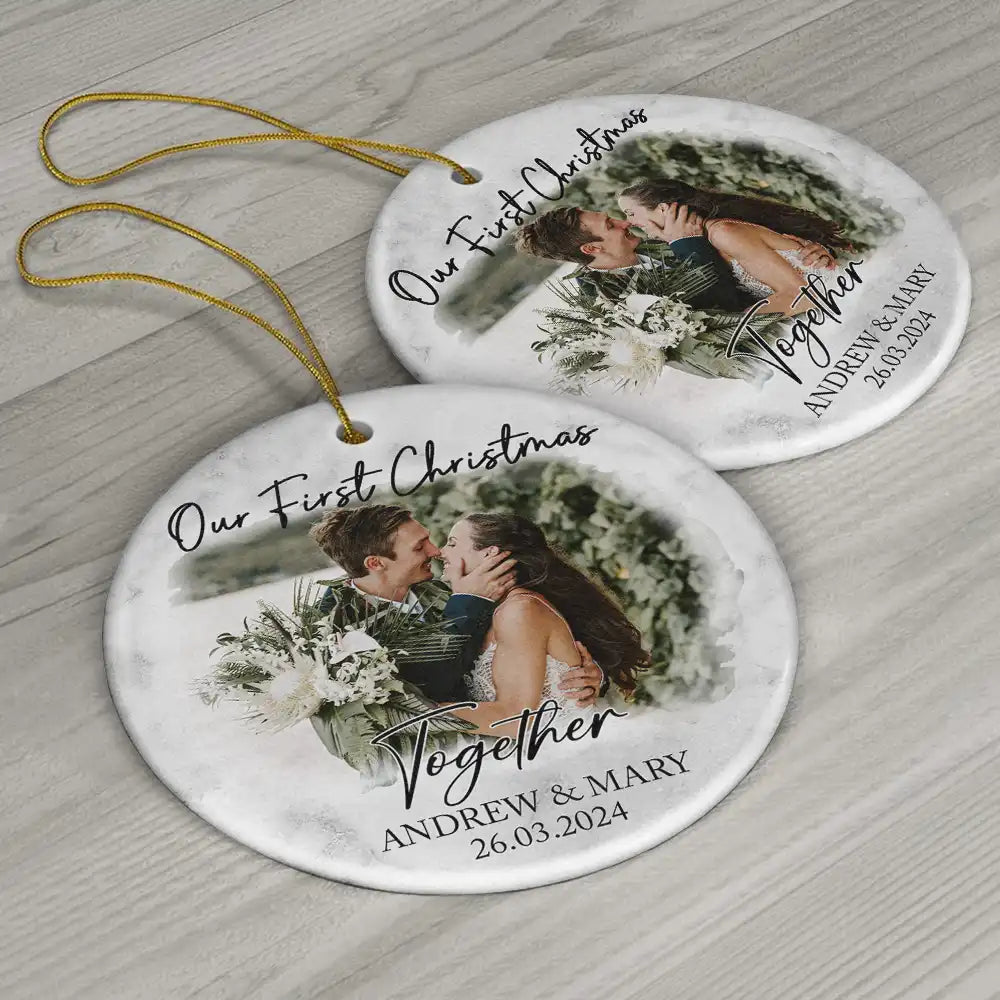 Custom Photo First Christmas As Mr & Mrs Couples - Personalized Circle Acrylic Ornament