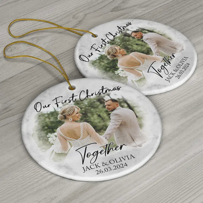 Custom Photo First Christmas As Mr & Mrs Couples - Personalized Circle Ceramic Ornament