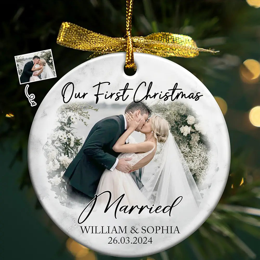 Custom Photo First Christmas As Mr & Mrs Couples - Personalized Circle Acrylic Ornament