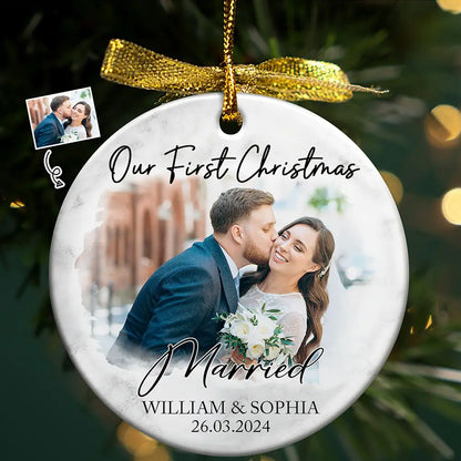 Custom Photo First Christmas As Mr & Mrs Couples - Personalized Circle Ceramic Ornament