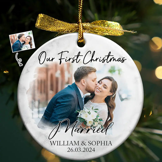 Custom Photo First Christmas As Mr & Mrs Couples - Personalized Circle Ceramic Ornament