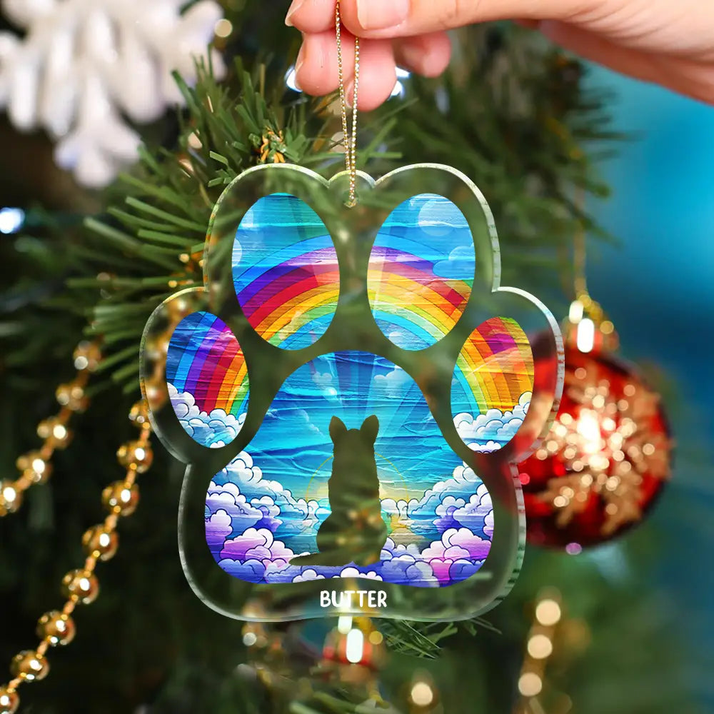 Memorial Dog Waiting At The Rainbow Bridge - Personalized Custom Shaped Acrylic Ornament