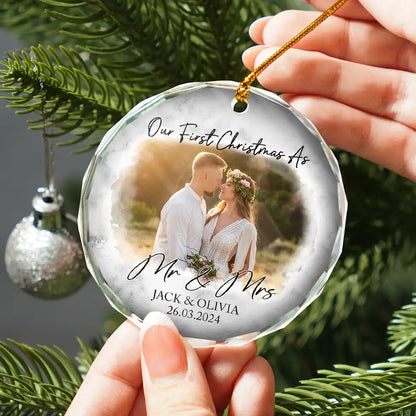 Custom Photo First Christmas As Mr & Mrs Couples - Personalized Glass Ornament