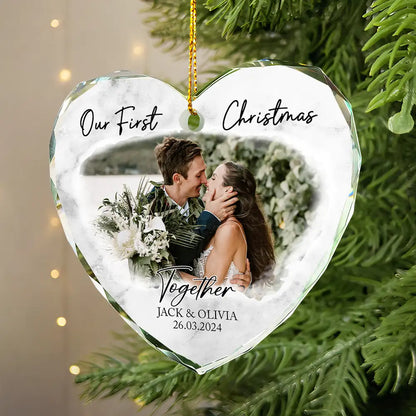 Custom Photo First Christmas As Mr & Mrs Couples - Personalized Glass Ornament