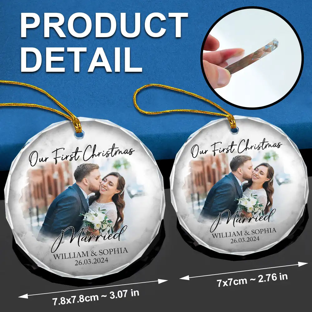 Custom Photo First Christmas As Mr & Mrs Couples - Personalized Glass Ornament