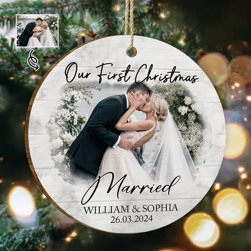 Custom Photo First Christmas As Mr & Mrs Couples - Personalized Custom Shaped Wooden Ornament