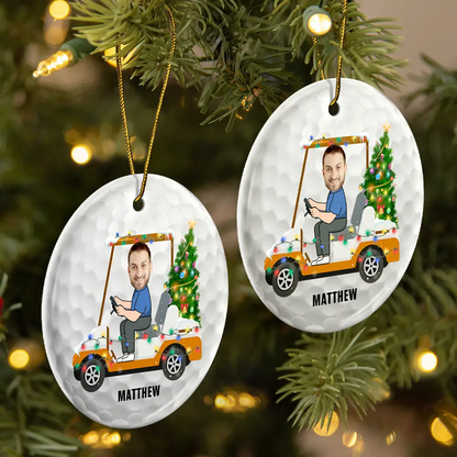 Gift For Men, Gift For Yourself - Custom Photo Funny Face Golf Cart - Personalized Circle Ceramic Ornament