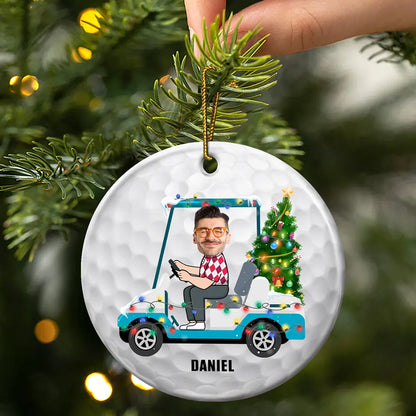 Gift For Men, Gift For Yourself - Custom Photo Funny Face Golf Cart - Personalized Circle Ceramic Ornament