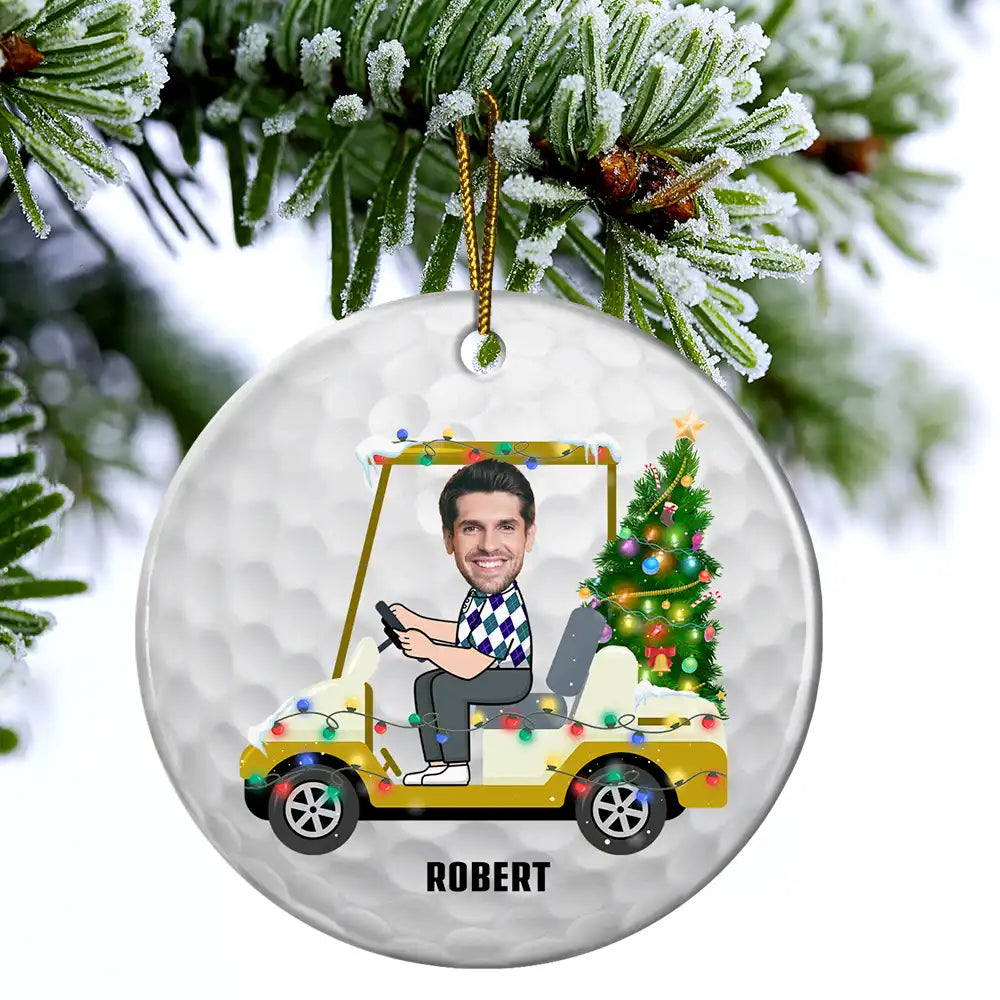 Gift For Men, Gift For Yourself - Custom Photo Funny Face Golf Cart - Personalized Circle Ceramic Ornament