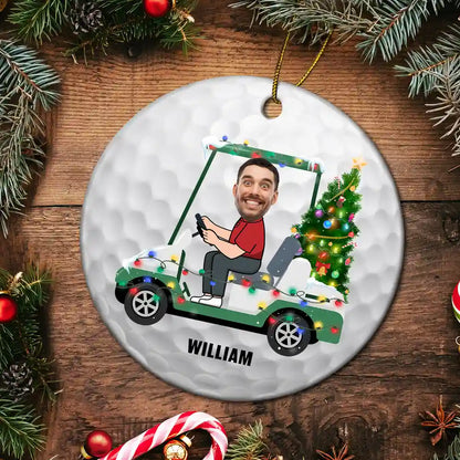 Gift For Men, Gift For Yourself - Custom Photo Funny Face Golf Cart - Personalized Circle Ceramic Ornament