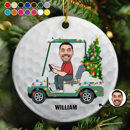 Gift For Men, Gift For Yourself - Custom Photo Funny Face Golf Cart - Personalized Circle Ceramic Ornament