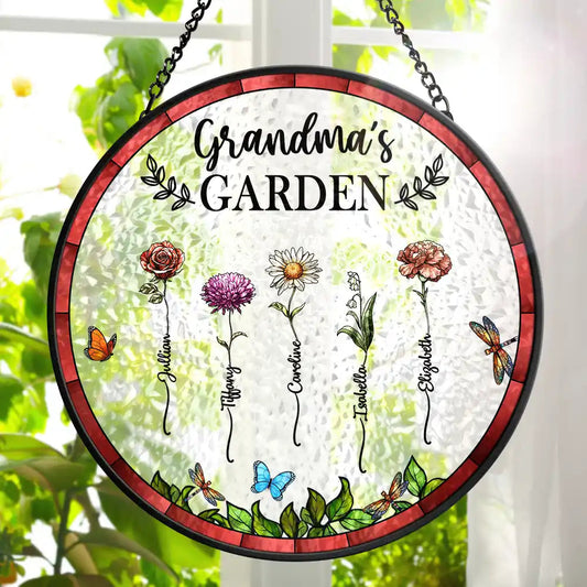 Birth Flower Grandma's Garden - Personalized Stained Glass Window Hanging Suncatcher