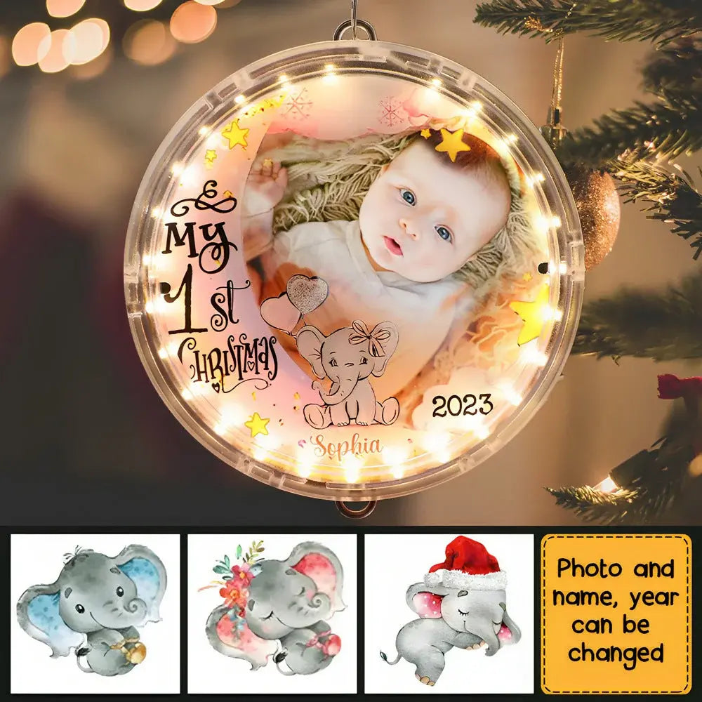 Baby's First Christmas Elephant Photo Circle Ornament With Light  The Next Custom Gift