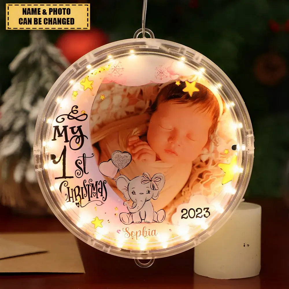 Baby's First Christmas Elephant Photo Circle Ornament With Light  The Next Custom Gift