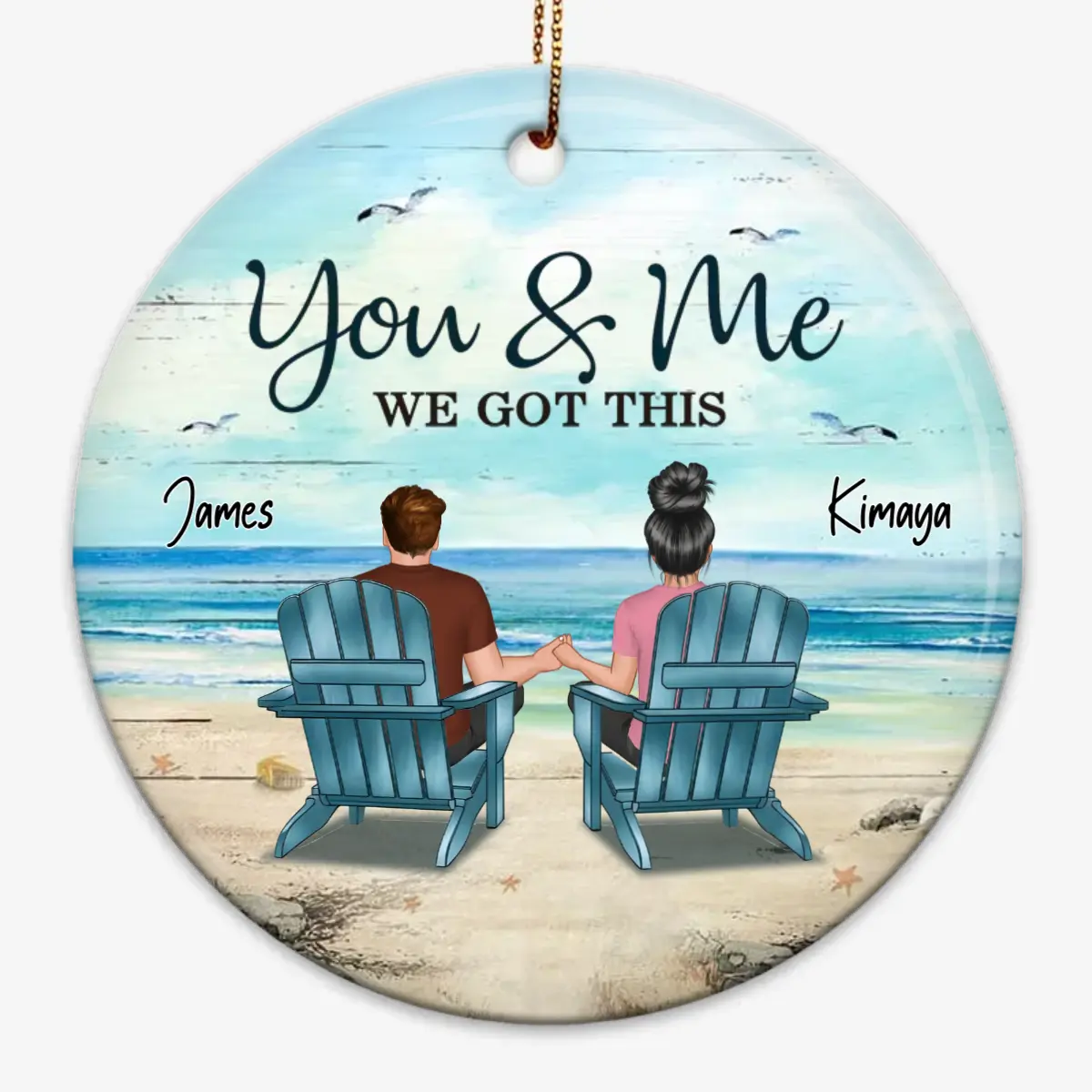 Back View Couple Sitting Beach Landscape Personalized Circle Ornament ornament The Next Custom Gift