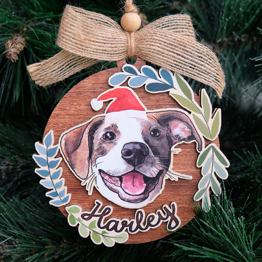 Custom Pet Flower Portrait Wooden Ornament - Gifts For Christmas, Dog Cat Lovers